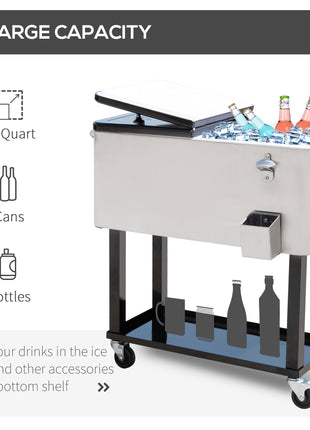 80 QT Rolling Cooling Bins Ice Chest on Wheels Outdoor Stand Up Drink Cooler Cart for Party, Silver