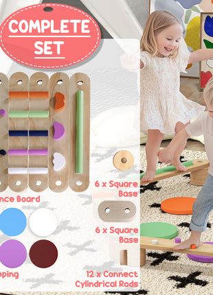Kids Balance Beam, Wooden Balance Board with Stepping Stone for 3-8 Years