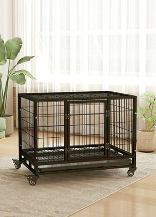 36" Heavy Duty Dog Crate with Removable Tray, Lockable Wheels and Double Door, for Medium and Large Dogs, Black