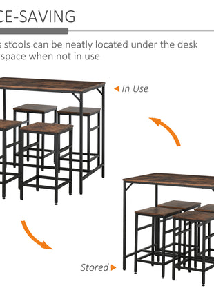 5-Piece Industrial Dining Table Set, Bar Table & 4 Stools Set, Space Saving for Pub & Kitchen, Rustic Brown/Black