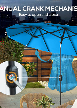 Double-sided Patio Umbrella, 9.5' Outdoor Umbrella with Push Button Tilt and Crank, 3 Air Vents and 12 Ribs, Cyan Blue