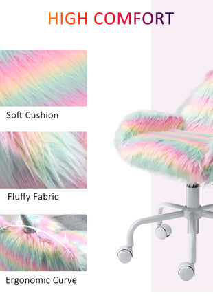 Fluffy Unicorn Office Chair with Mid-Back and Armrest Support, 5 Star Swivel Wheel White Base, Rainbow