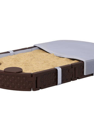Kids Sandbox with Cover, 4 Corner Seats, Bottom Liner for Backyard, Garden, Outdoor, 71" x 42" W x 9", Dark Brown