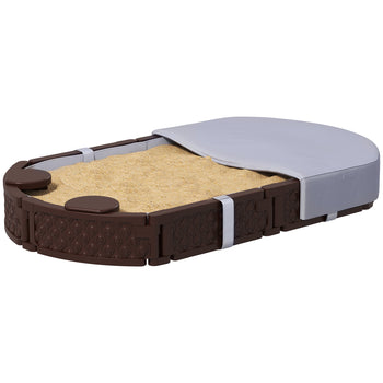 Kids Sandbox with Cover, 4 Corner Seats, Bottom Liner for Backyard, Garden, Outdoor, 71" x 42" W x 9", Dark Brown