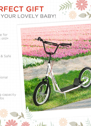 Youth Scooter Kick Scooter for Kids 5+ with Adjustable Handlebar Front and Rear Dual Brakes Inflatable Wheels, White