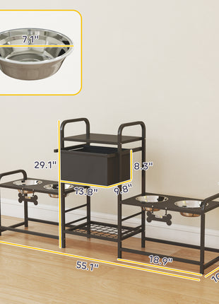 3 Height Adjustable Dog Bowl Stand with 2 Feeding Stations, Toy Bin Basket, Black
