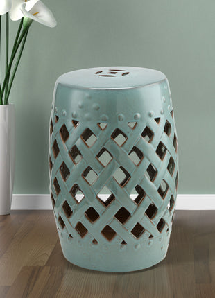 13" x 18" Ceramic Garden Stool with Woven Lattice Design & Glazed Strong Materials Decorative End Table, Antique Blue