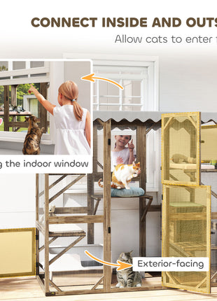 Outdoor Cat Enclosure with Window Access, 5 Platforms and 2 Resting Boxes, Waterproof Roof for Multiple Cats, Brown