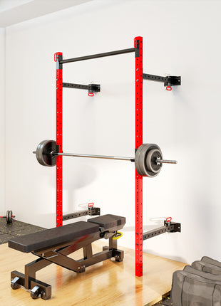 Folding Squat Rack with Pull Up Bar, Wall Mounted and Adjustable, 1000 Pounds Capacity Power Rack, Red