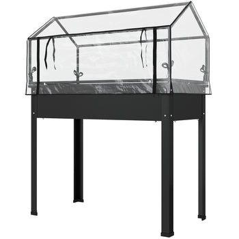 Elevated Garden Box with Greenhouse Cover, Raised Garden Bed with Legs and Drainage Hole for Vegetables, Black