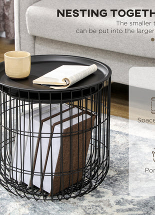 Coffee Table Set, Nest of Coffee Tables with Steel Wired Basket Body and Removable Top for Living Room, Black