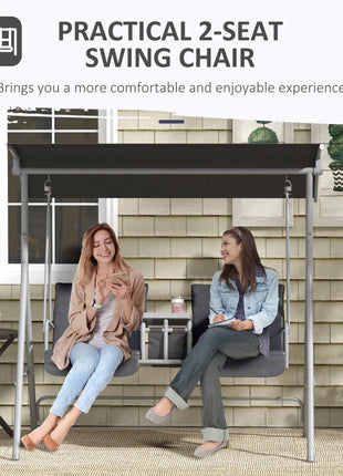 2-Seater Outdoor Porch Swing with Canopy and Table, Patio Swing Chair for Garden, Poolside, Backyard, Gray