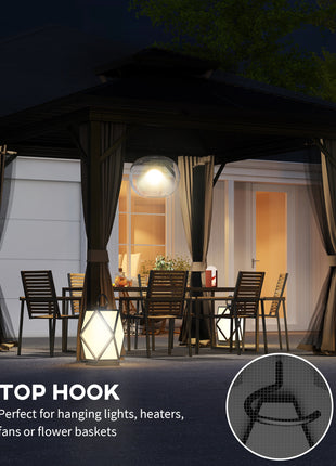 10' x 10' Hardtop Gazebo with Aluminum Frame, Metal Roof Gazebo Canopy w/ Hook, Curtains included, Dark Brown