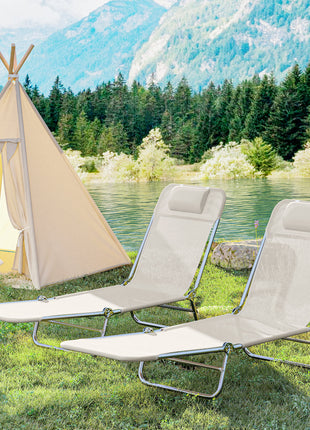 2 Piece Sun Loungers, Folding Chaise Lounge Chairs with Reclining Back, Breathable Mesh Seat, Headrest, Cream White