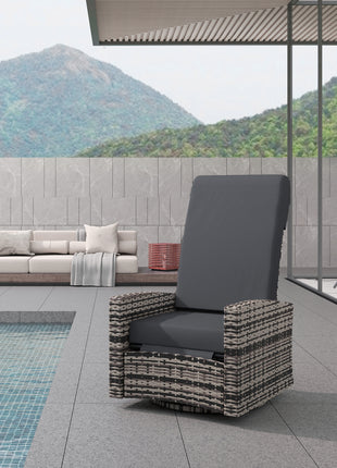 Outdoor Wicker Swivel Recliner Chair, Lifting Footrest, 360° Rotating Basic, Water-resistant Cushions, Gray