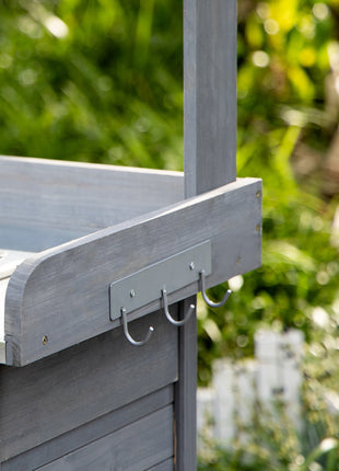 Outdoor Potting Bench Table, Garden Work Station with Storage Cabinet, Open Shelf and Steel Tabletop, Gray