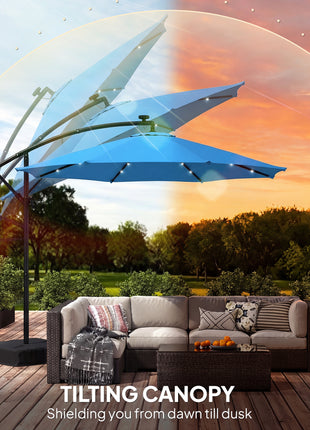 10 ft Cantilever Patio Umbrella with Light, Weight, Offset Hanging Outdoor Umbrella with Protective Cover, Lake Blue