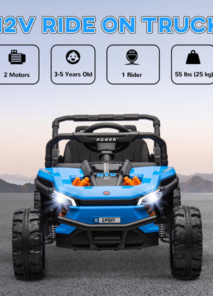 12V Ride On Truck, Battery Powered Electric Car for Kids w/ Remote Control, 4-Wheel Suspension & LED Lights, Blue