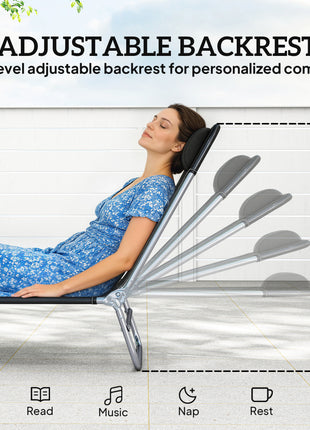 2 Piece Sun Loungers, Folding Chaise Lounge Chairs with Reclining Back, Breathable Mesh Seat, Headrest, Black