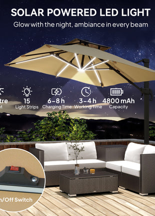 10ft. Solar LED Cantilever Umbrella, Offset Hanging Umbrella with 360°Rotation, Cross Base, 8 Ribs, Tilt and Crank for Yard, Khaki