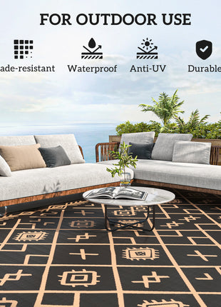 Reversible Outdoor Rug, Waterproof Plastic Straw with Carry Bag, 9' x 18', Black & Brown Rhombus