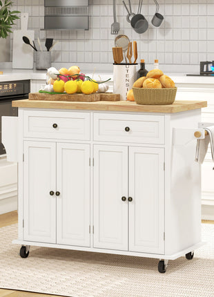 Kitchen Island on Wheels, Rolling Cart with Rubberwood Top, Spice Rack, Towel Rack and Drawers, Cream White
