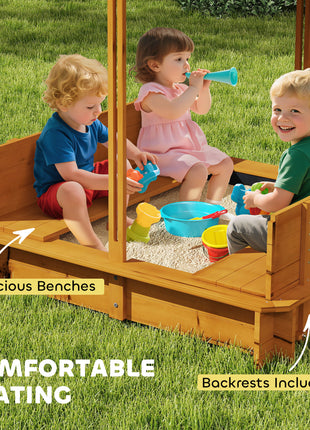 Wooden Kids Sandbox with Cover, Children Outdoor Sand Box with Foldable Bench Seats and Adjustable Canopy, Brown