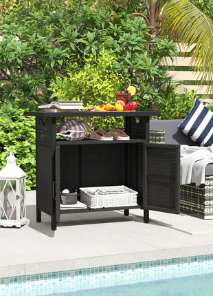 Outdoor Pool Towel Storage Cabinet Organizer, Outdoor Bar Table with Shelf and Cabinet, Pool Towel Holder Pool Valet with Weather-Resistant PE Rattan and Steel Frame, Espresso