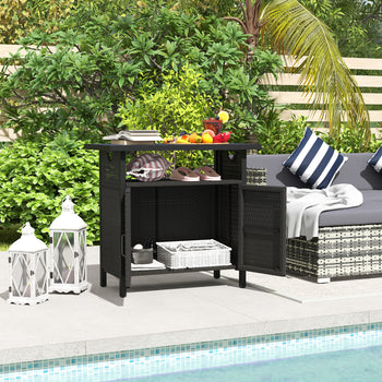Outdoor Pool Towel Storage Cabinet Organizer, Outdoor Bar Table with Shelf and Cabinet, Pool Towel Holder Pool Valet with Weather-Resistant PE Rattan and Steel Frame, Espresso