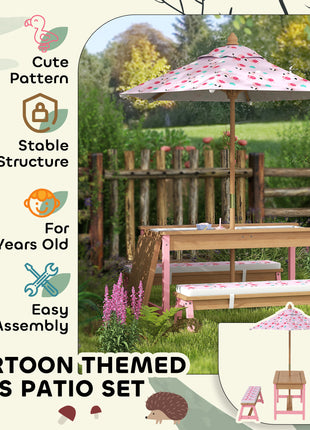 Kids Picnic Table Set with Foldable Umbrella, Removable Cushions & Boxes, Flamingo Theme, Pink