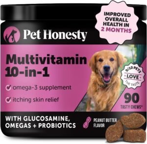 Multivitamin Dog Supplement, Glucosamine chondroitin for Dogs, Probiotics, Omega Fish Oil, Dog Supplements & Vitamins, Dog Vitamins for Skin and Coat Allergies, (Peanut Butter 90 Ct)